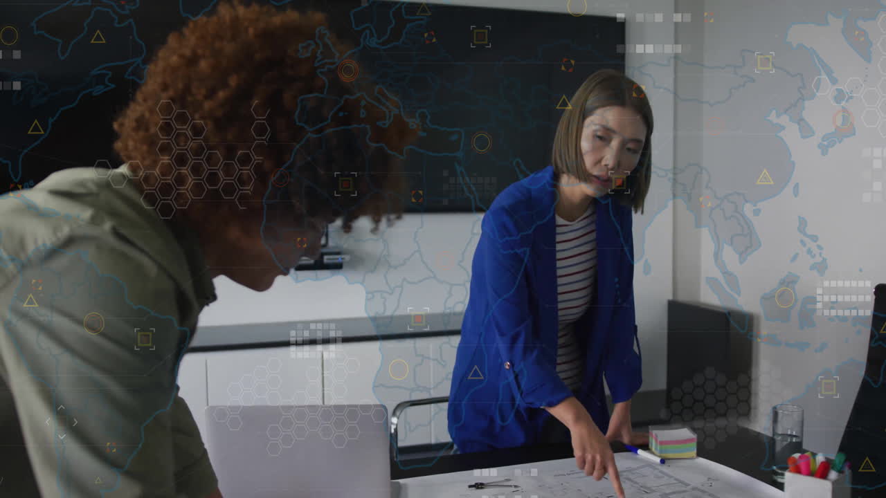 In office, business professionals discussing project plans with digital animation overlay