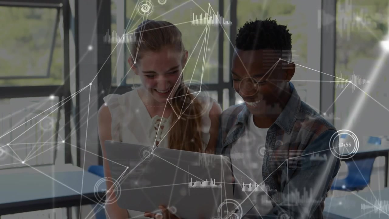 Animation of connections over happy diverse students using technology at school