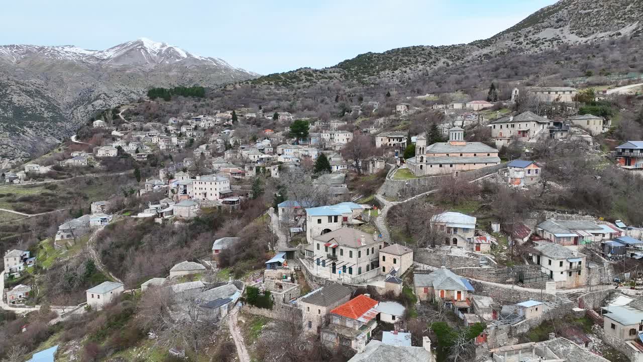 Aerial footage over Kalarites village in Epirus, Greece