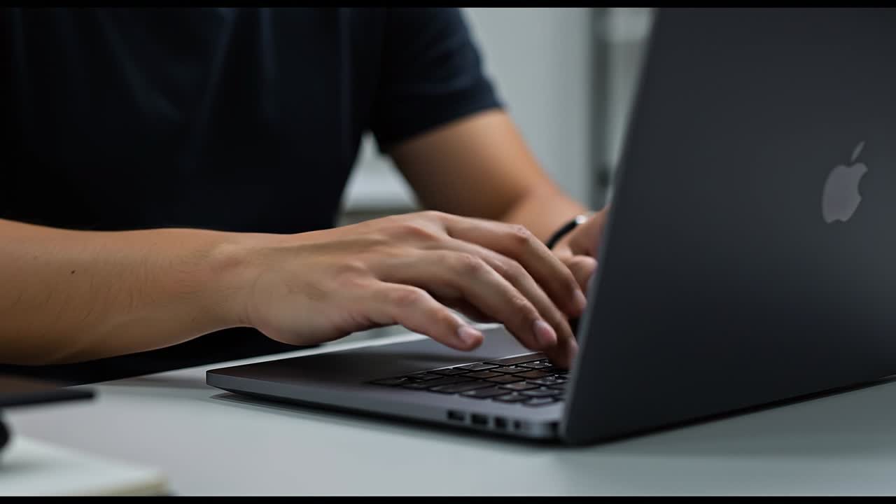 オフィス環境でノートパソコンのキーボードを打つ人が、デジタルワークのコミュニケーションと生産性向上タスクに集中している様子。