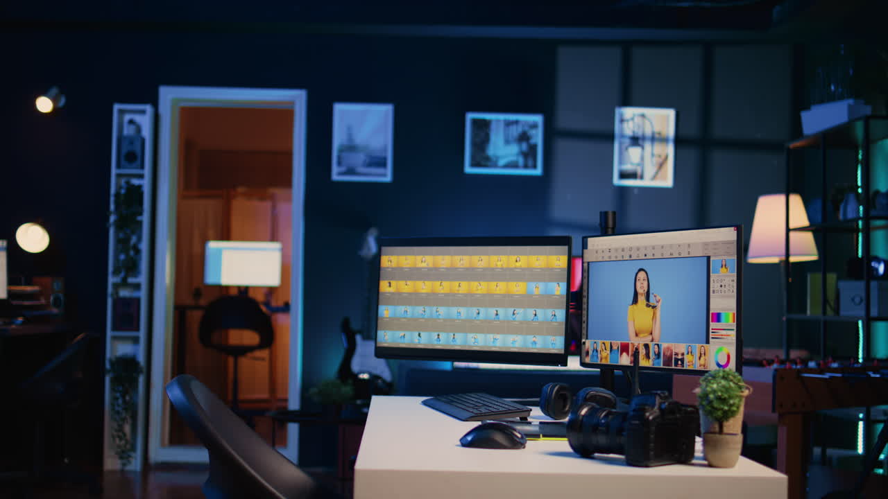 Creative office desk with multi monitor computer setup used for image retouching, zoom in shot