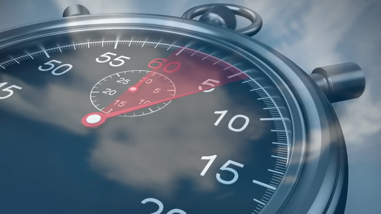 Stopwatch showing seconds against cloudy sky background in animation style