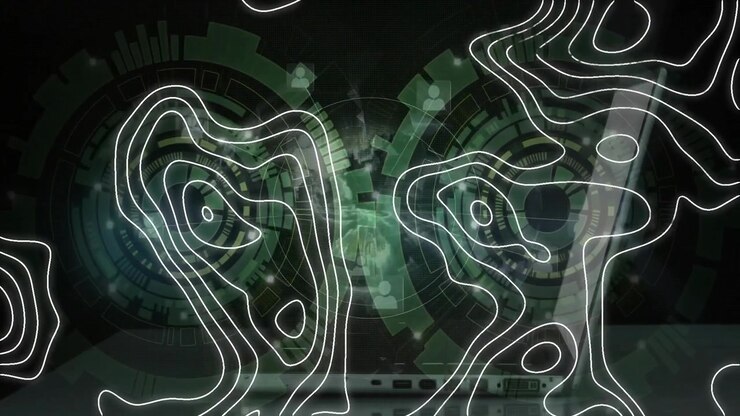on laptop startup flat green interfaces emerging as white contours morph to visualize data links