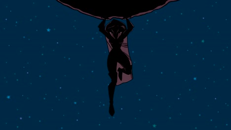 superheroine holding boulder in space.