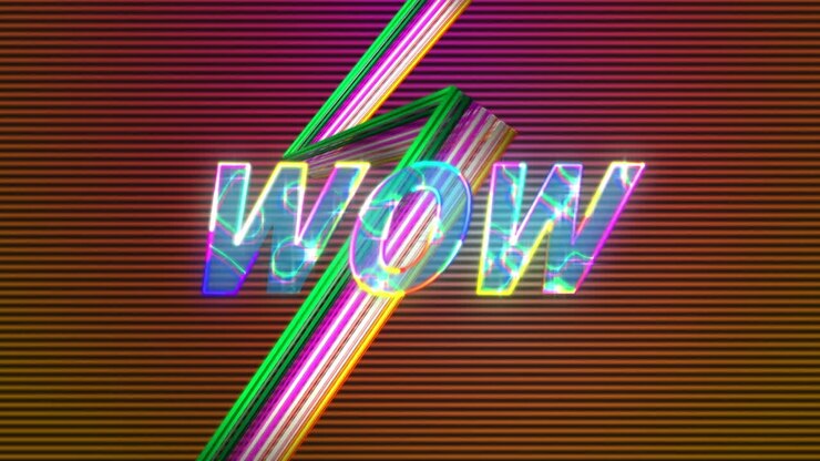 Animation of wow text over neon light pattern background