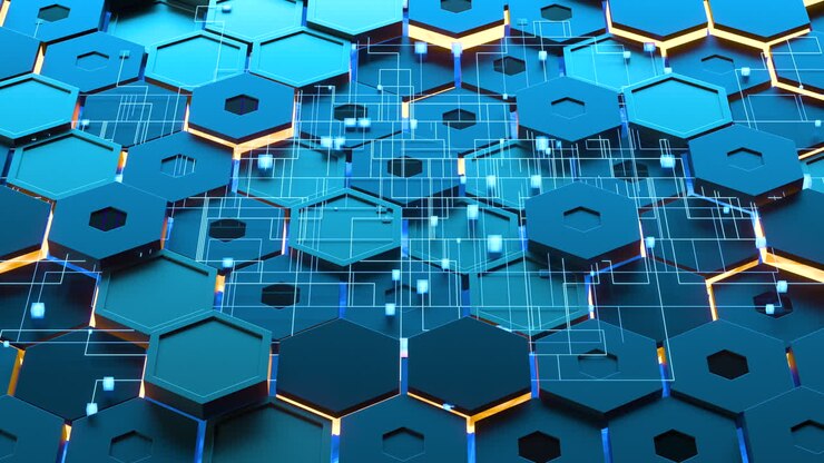 Glowing hexagonal cubes background, hi-tech cyberspace, 3d rendering.
