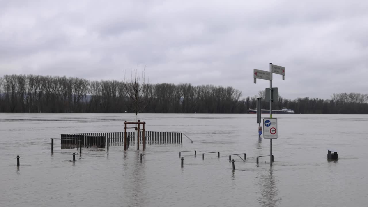 Road Signs Submerge In Flood With Forest In The Background In Waluf, Eltville, Germany. wide shot