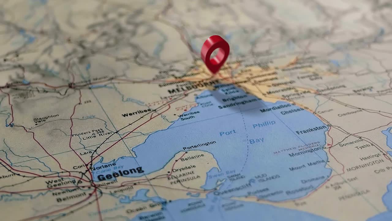 tiro deslizante para revelar melbourne australia en un mapa impreso con marcador de mapa animado en 3d