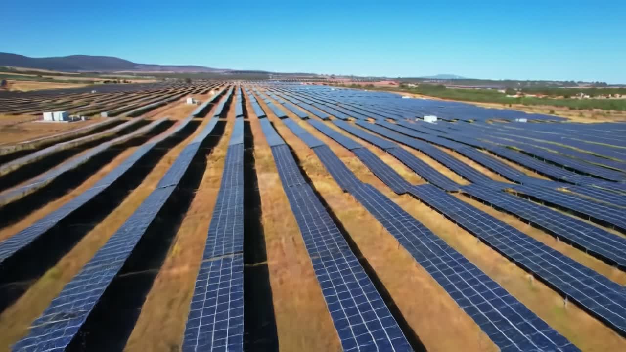 Expansive Solar Farm under Clear Blue Skies: Aerial View Showcasing Rows of Solar Panels Efficiently Harnessing Renewable Energy in a Rural Landscape