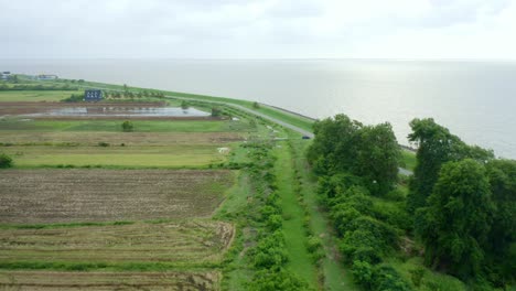 Aerial:-Sea-dyke-view-along-the-road,-camera-tilt-ocean-reveal,-North-Atlantic-Ocean-and-Nickerie-Suriname