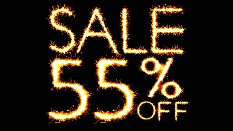 sale 55 off text sparkler writing with glitter sparks particles firework on black 4k loop background