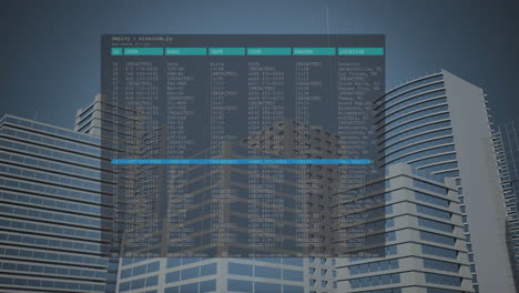 Animation-Von-Zahlen-Und-Buchstaben-In-Der-Computerschnittstelle-über-Modernen-Gebäuden-Vor-Dem-Himmel