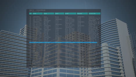 animación de números y letras en la interfaz de computadora sobre edificios modernos contra el cielo