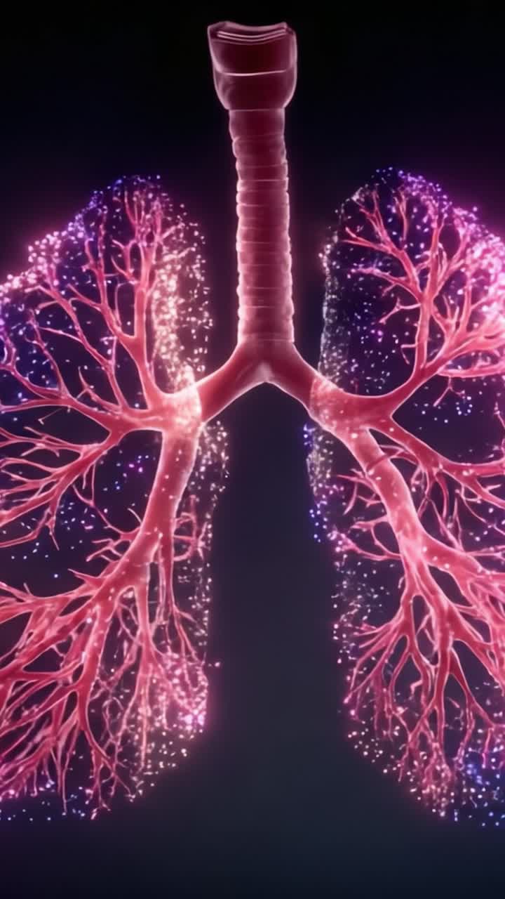 Una visualizzazione mozzafiato dei polmoni umani: una rappresentazione artistica che mostra l'intricata struttura bronchiale con luci radiose e particelle colorate