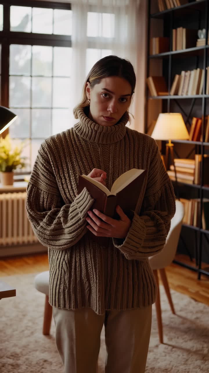 Woman Reading and Writing in a Cozy Living Room