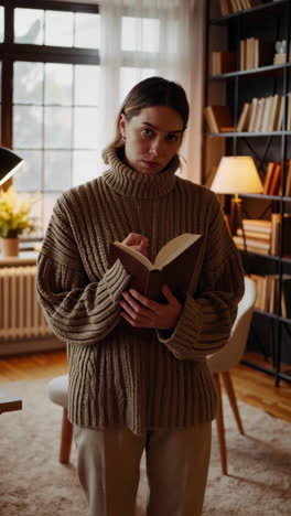 woman reading and writing in a cozy living room