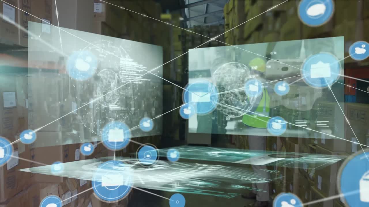 창고에 있는 백인 남성 노동자에 대한 데이터 처리 애니메이션