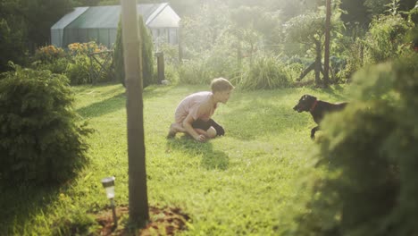 teenage boy playing with his dog in backyard