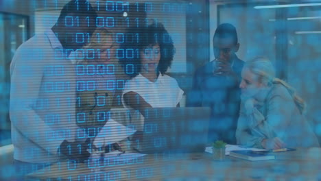 animation of binary coding data processing over diverse business people in office