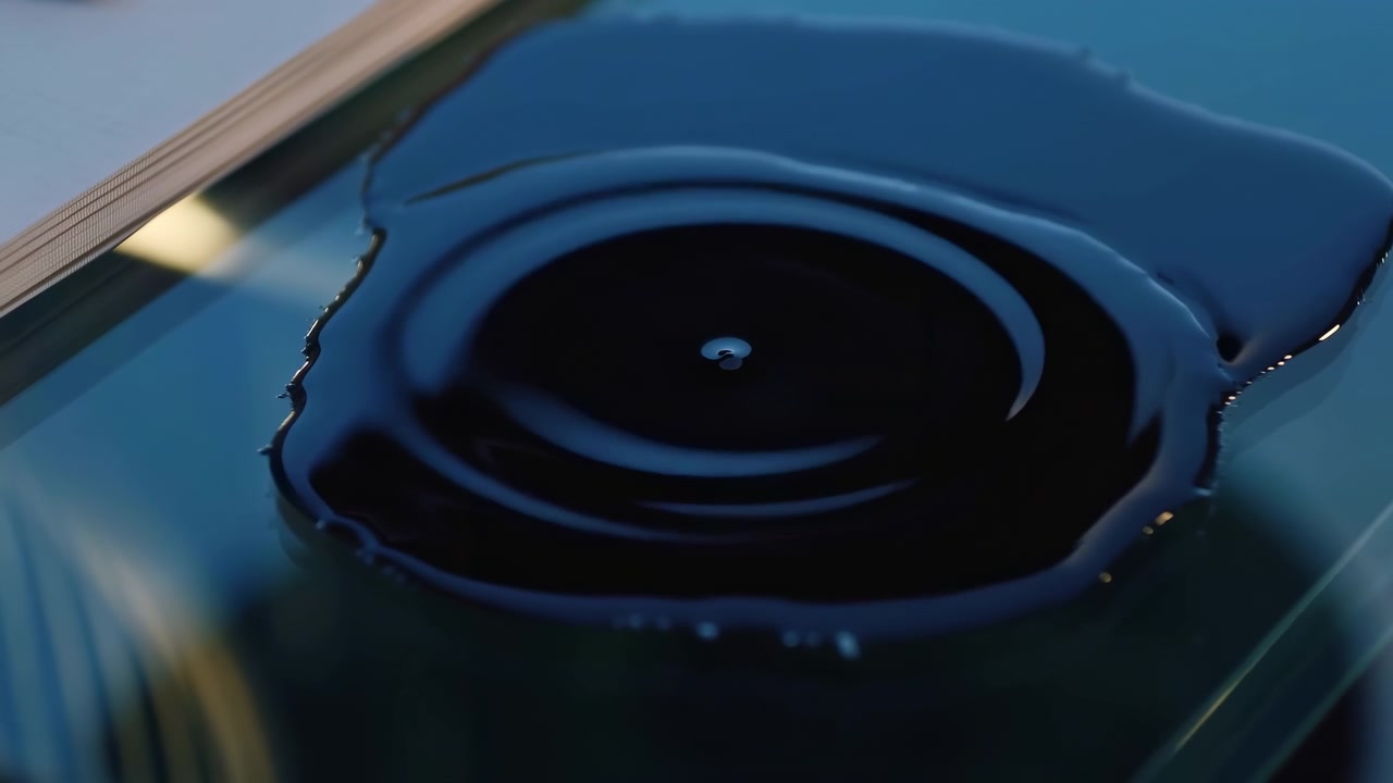 Una vista ravvicinata cattura un fluido scuro che si espande su vetro riflettente mentre increspature concentriche si muovono sulla superficie, con illuminazione, bordi curvi e una composizione astratta minimale che enfatizza la texture e il movimento.