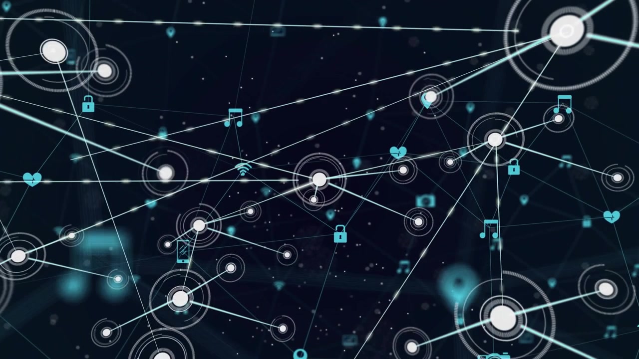 Central node sending thin lines and spawning nodes and icons across navy void tech network evolving