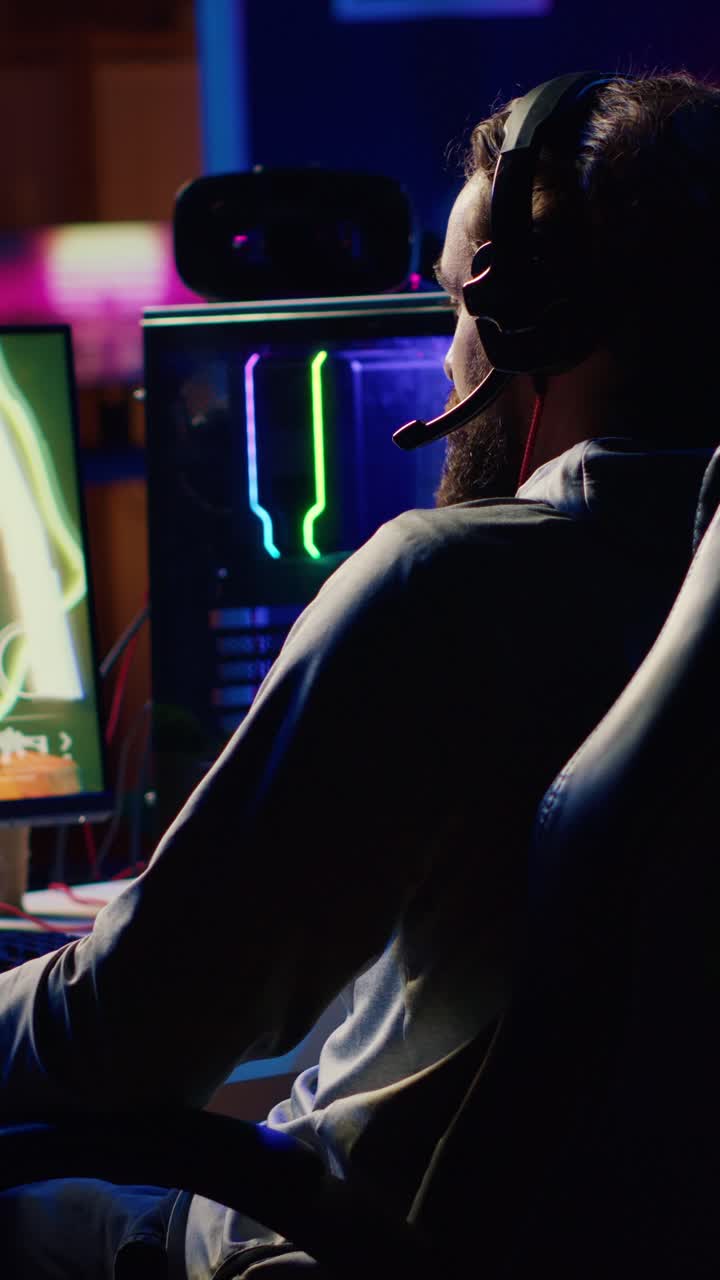 Vertical video Player in coop FPS videogame battling flying robots with his online friends