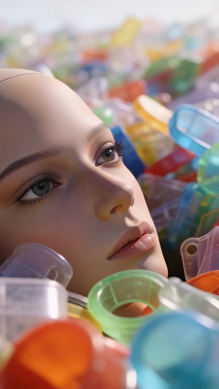 Video verticale: La telecamera si inclina rivelando una testa di manichino in studio, che mostra anelli di profilo e ciucci.