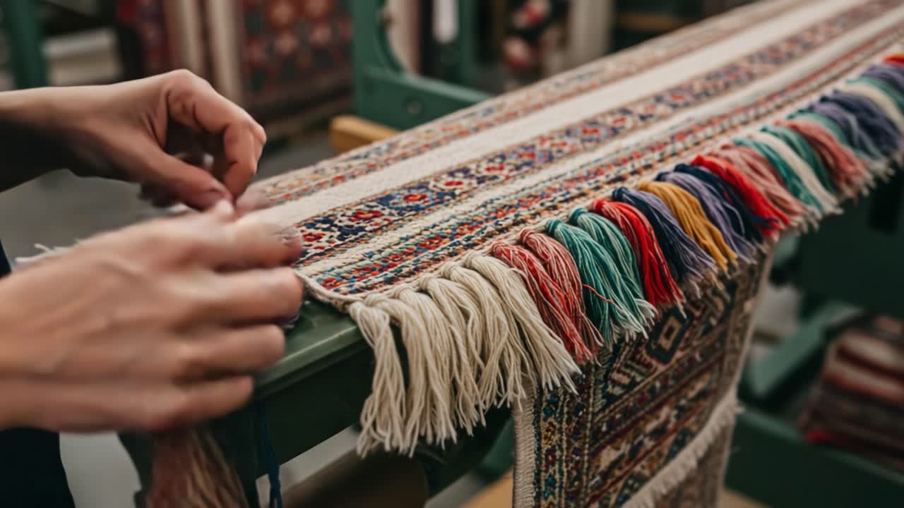 Craftsmanship in Action: A Skilled Artisan Finishes the Edges of a Vibrant Hand-Woven Textile with Colorful Fringes, Showcasing Tradition and Detail