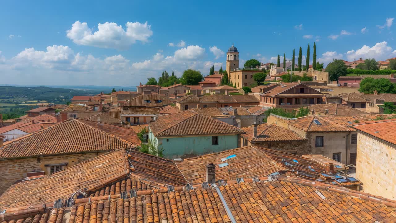Spostamento della camera che rivela un villaggio in cima a una collina per una vista panoramica, tetti in terracotta, campanile, cipresso