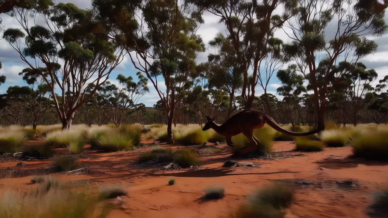 Australian Outback and Beach Landscape with Red Rocks and Kangaroos