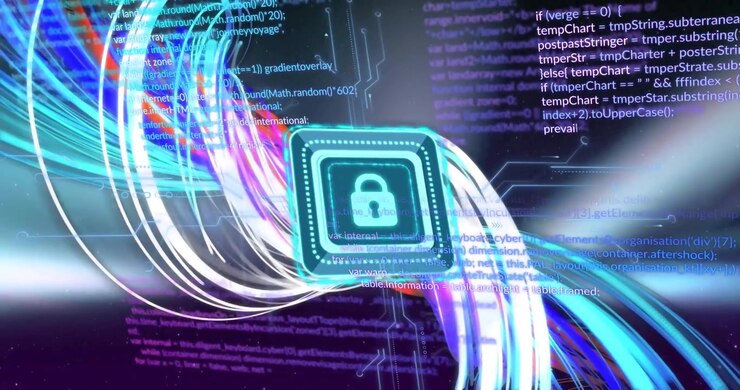 Digital Security Concept with Glowing Padlock and Data Streams