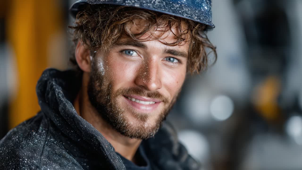 A dedicated worker shines brightly in a construction environment, showcasing perseverance and determination while highlighting their captivating smile and expressive blue eyes