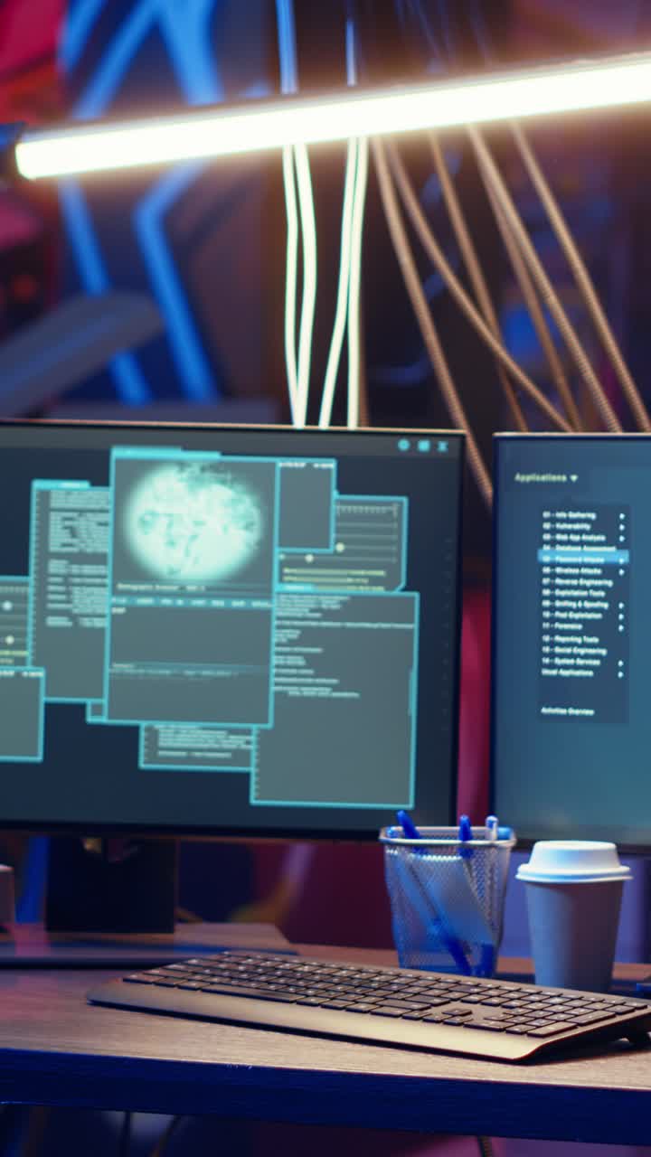 Vertical video Hacker arriving in secret underground base with SSD containing data