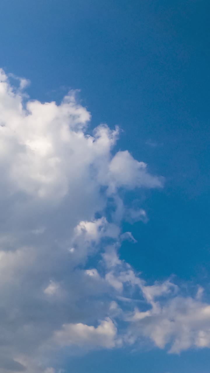 Amazing azure skies with white clouds slowly floating in the air. Cloudscape lit with bright summer sun. Low angle view timelapse. Vertical video