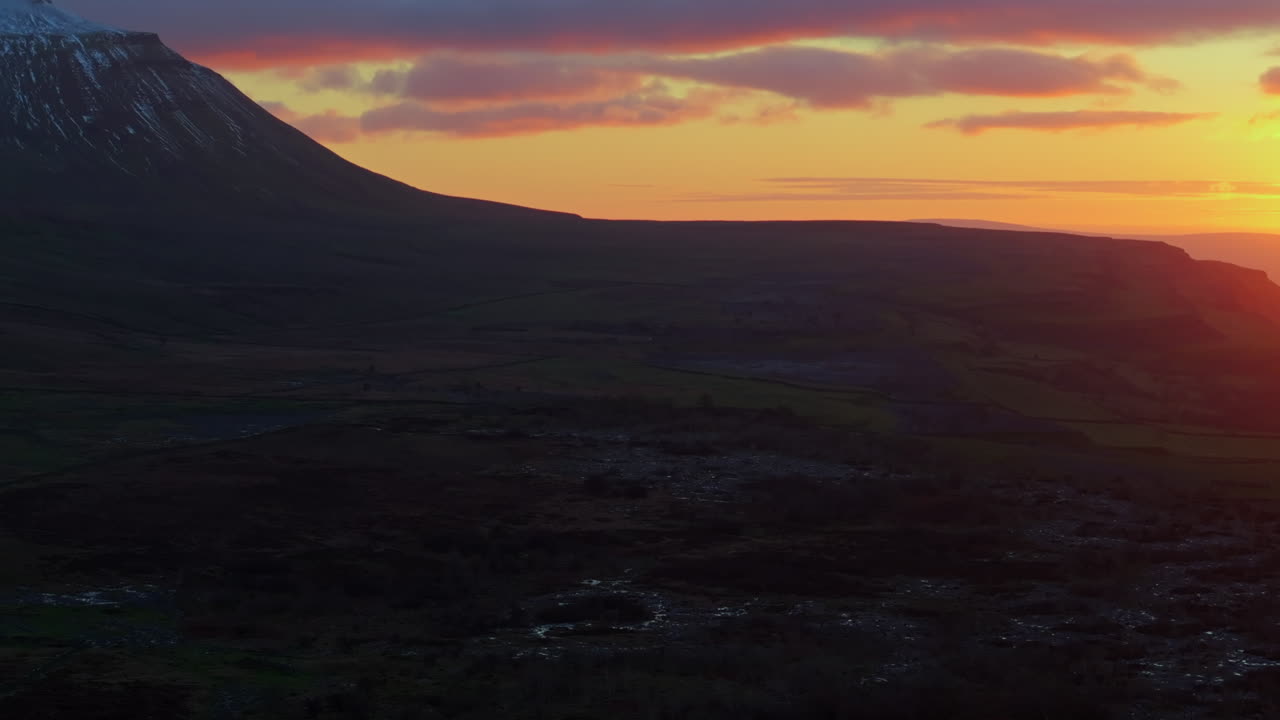 Establishing Aerial Drone Shot of Snowy Ingleborough at Stunning Sunset