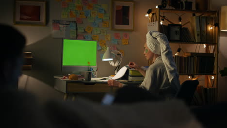 active woman discussing green screen device closeup. girl explaining mockup pc