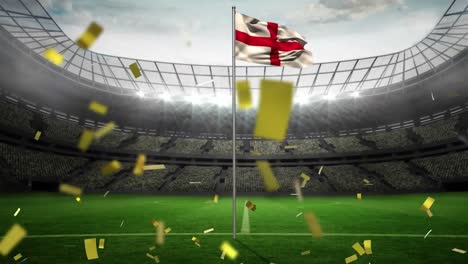 Animation-Von-Konfettig,-Das-über-Die-Flagge-Englands-Und-Das-Sportstadion-Fällt