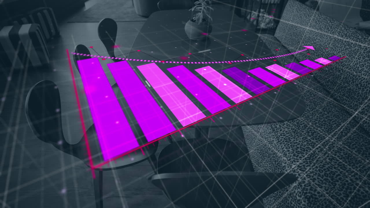 Animation of bar graph representing loss over empty chairs and sofa arranged by table in office