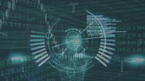 Animation-of-loading-circles-over-human-representation,-letters,-numbers,-graphs-on-binary-codes