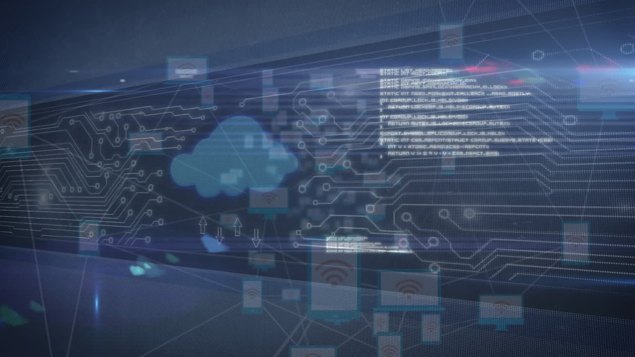 animación del procesamiento de datos, nube e iconos con red de conexiones