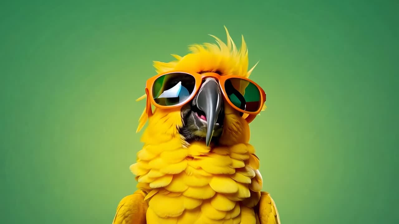 Une vidéo dynamique en gros plan d’un perroquet jaune portant des lunettes de soleil sur un arrière-plan vert, filmée