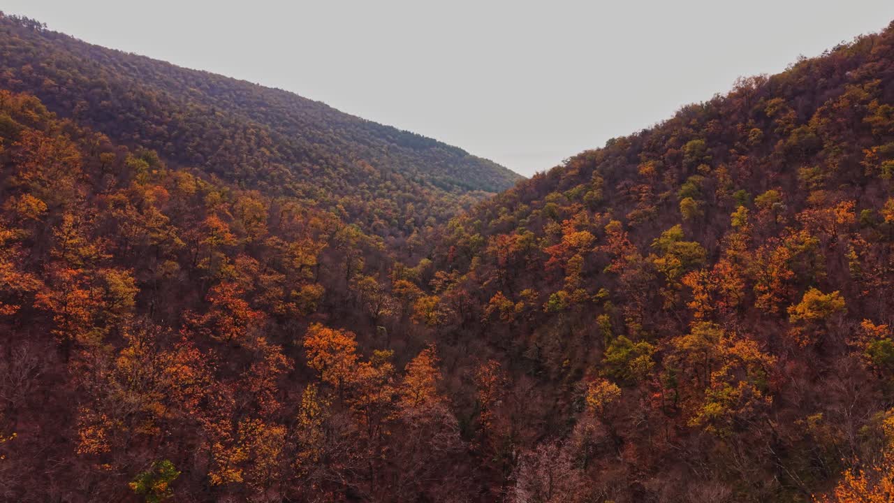 Colors of autumn fill the valleys in aerial view of Bulgaria's landscape