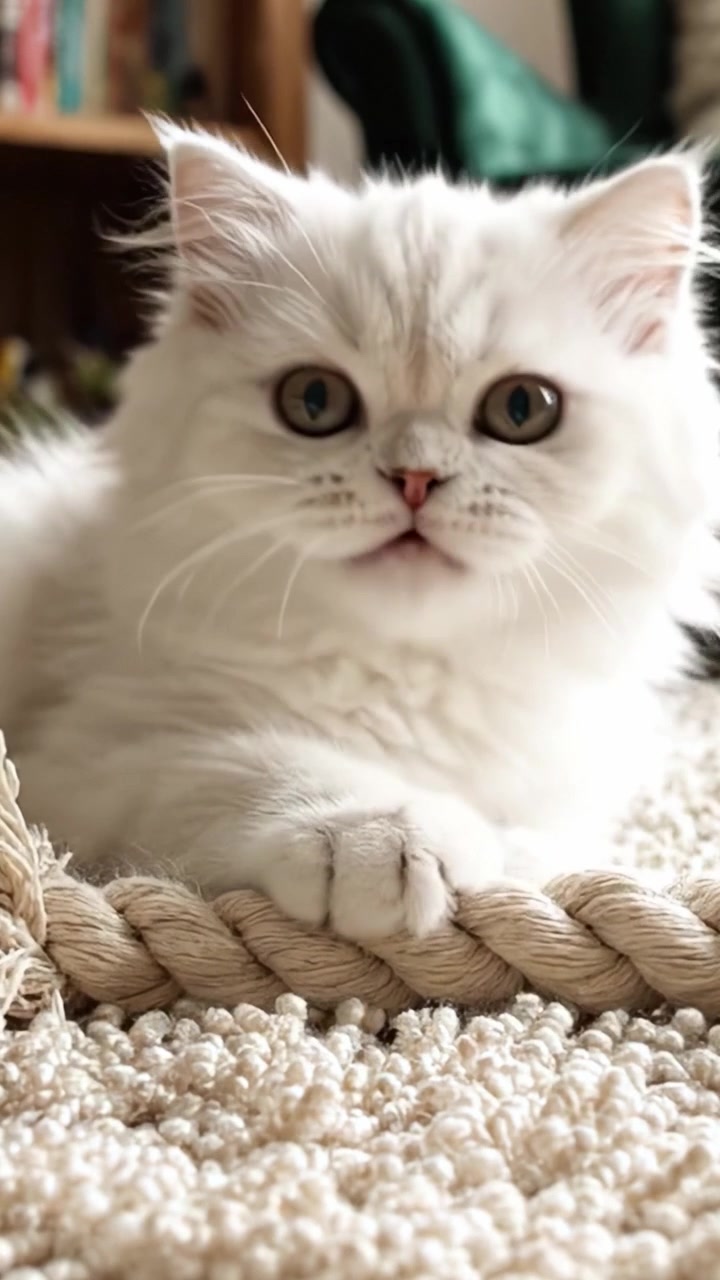 Kucing Persia Putih yang Menawan Berinteraksi dengan Rasa Ingin Tahu dengan Mainan Tali Terpilinnya di Atas Karpet Bertekstur yang Nyaman dalam Lingkungan Rumah yang Ramah