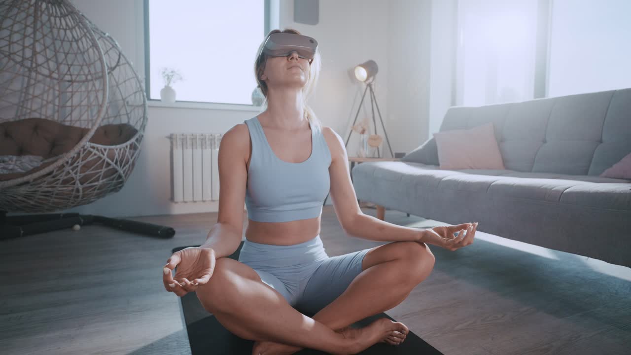 Woman practicing VR yoga in a living room