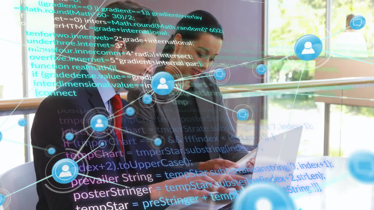 Working on laptops, business professionals with network connections and coding animations