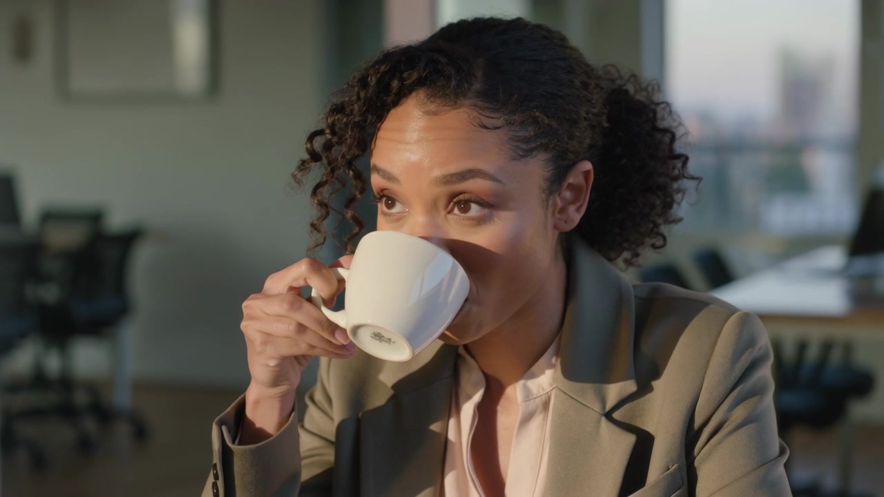 Olhando para baixo, mulher de blazer levantando uma caneca branca na mesa, inspecionando a bebida, tomando um gole e olhando rapidamente.