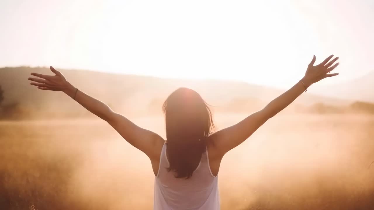 Backlit video scene of a woman with arms outstretched in a sunlit field, captured from a rear angle