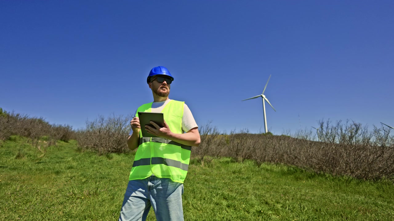 Windmill engineer conducts field work while standing in grass with wind turbines and blue sky in the background