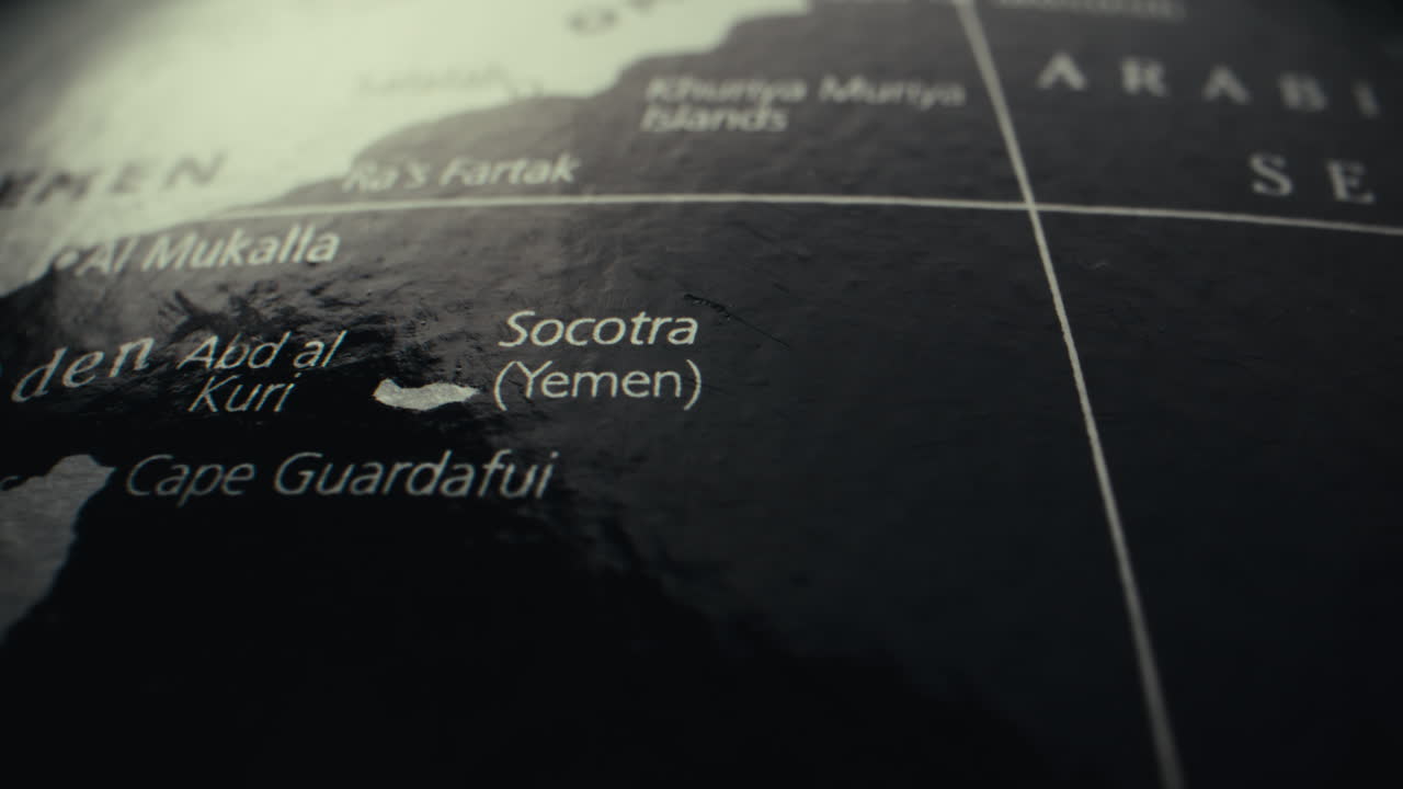 Close-up of a world map, focusing on Socotra (Yemen)