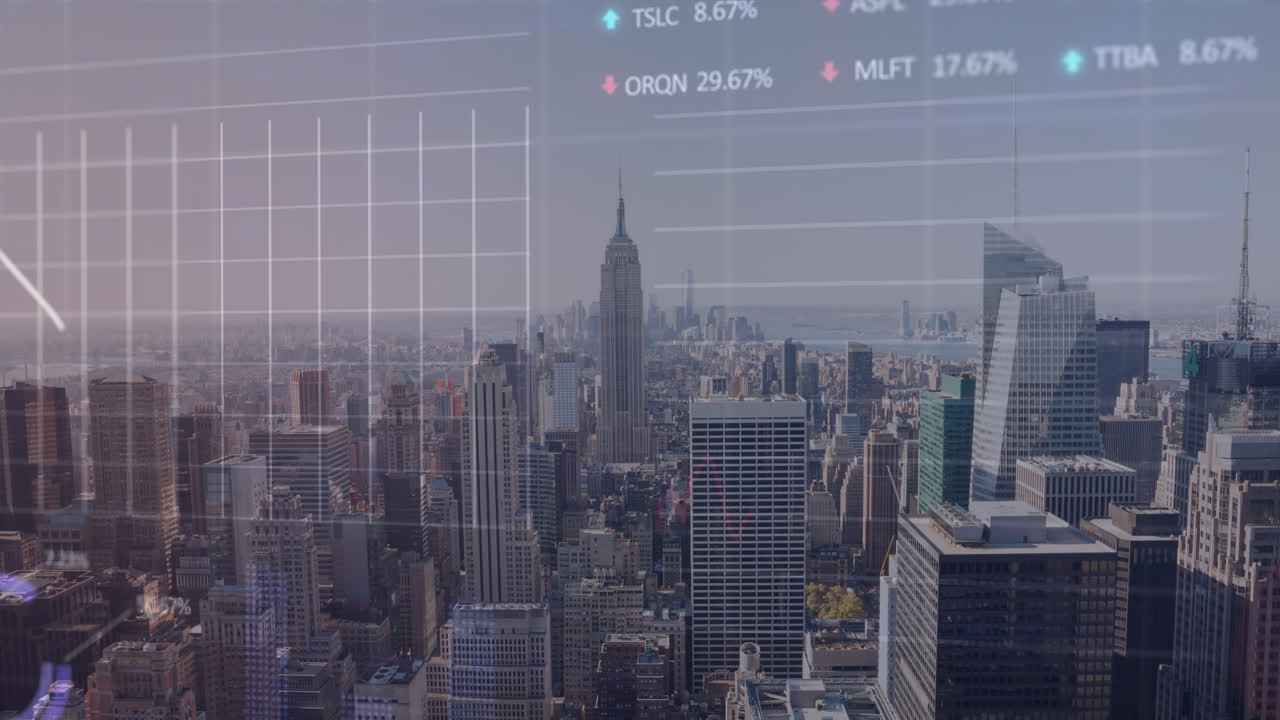 Animation of financial graphs over cityscape